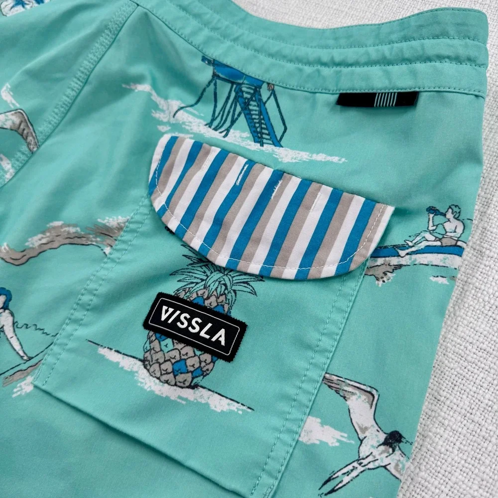 Vissla Board Shorts Mens 36 Teal Beach Print Coconut Stretch‎ Trunks M1104HEL